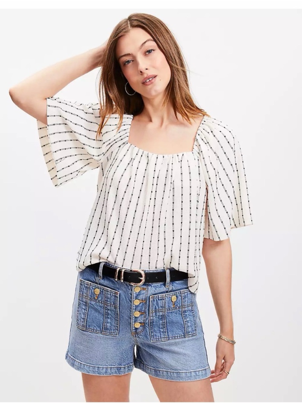 LOFT White Dot Striped Square-Neck Flutter Sleeve Blouse